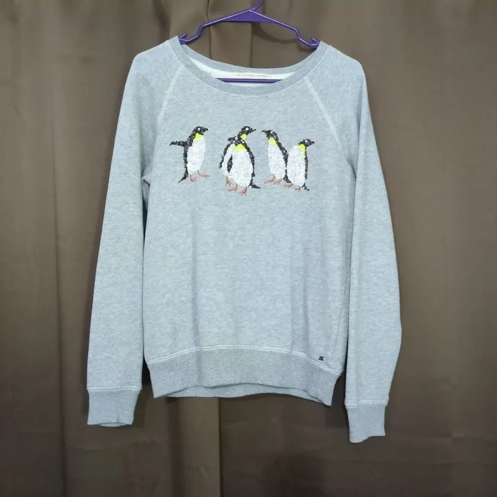 American Eagle Women's M Sequin Penguins Gray Sweatshirt Hello Good Looking